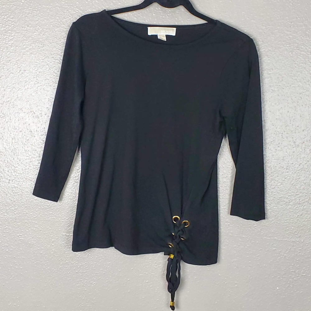 Michael Michael Kors Black 3/4 Sleeve Decorative Tie Top S Work Casual